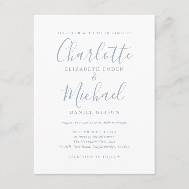Signature Script Dusty Blue Wedding Einladung (Vorderseite)