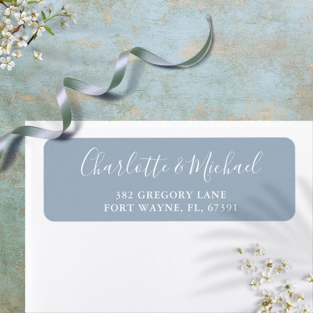Signature Script Dusty Blue Wedding Rücksendeadres (Signature Script Dusty Blue Wedding Return Address Label)