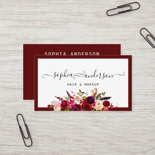 Signature Script & Elegante Burgundy Floral Rose  Visitenkarte (Vorderseite/Rückseite Beispiel)