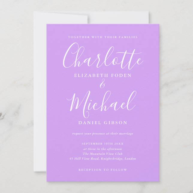 Signature Script Lavender Lilac Chic Wedding Einladung (Vorderseite)