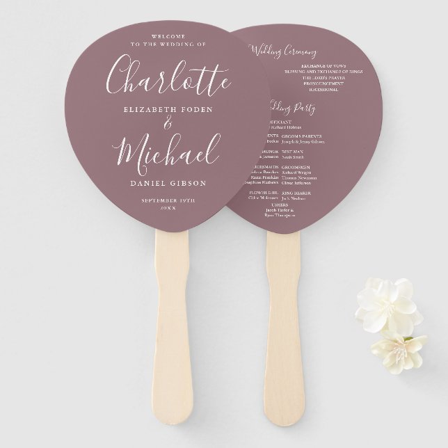 Signature Script Mauve Wedding Program Fächer (Vorne und Hinten)