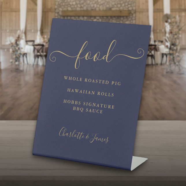 Signature Script Navy Blue and Gold Food Menü Sockelschild (Signature Script Navy Blue And Gold Food Menu Pedestal Sign)
