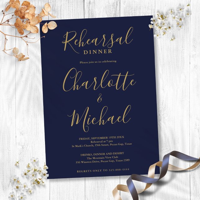 Signature Script Navy Blue Gold Probe Dinner Einladung (Signature Script Navy Blue Gold Rehearsal Dinner Invitation)