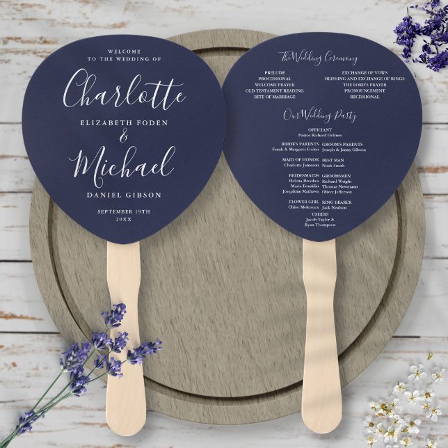 Signature Script Navy Blue Wedding Program Fächer (Von Creator hochgeladen)