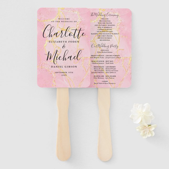 Signature Script Pink Gold Marble Wedding Programm Fächer (Vorne und Hinten)
