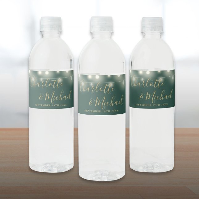 Signature Script String Lights Green Gold Hochzeit Wasserflaschenetikett (Signature Script String Lights Green Gold Wedding Water Bottle Label)