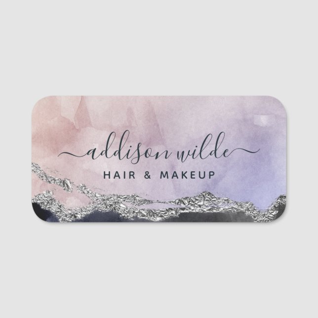 Signature Script Wasserfarbe Lila Schwarzes Silber Namensschild (Vorderseite)
