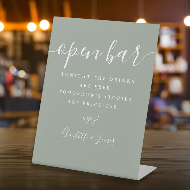 Signature-Skript-Öffnen-Bar Sockelschild (Sage Green Signature Script Open Bar Pedestal Sign)