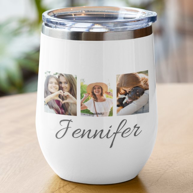 Signature Strip Collage (“Collage wine tumbler design with rectangular photo strip and signature style script text below.”)