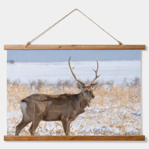 Sika-Hirsch in einem schneebedeckten Feld Japan Wandteppich Mit Holzrahmen