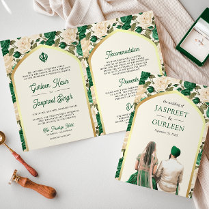 Sikh-Hochzeit mit Smaragdgrünem Elfenbein-Blumenkl Einladung