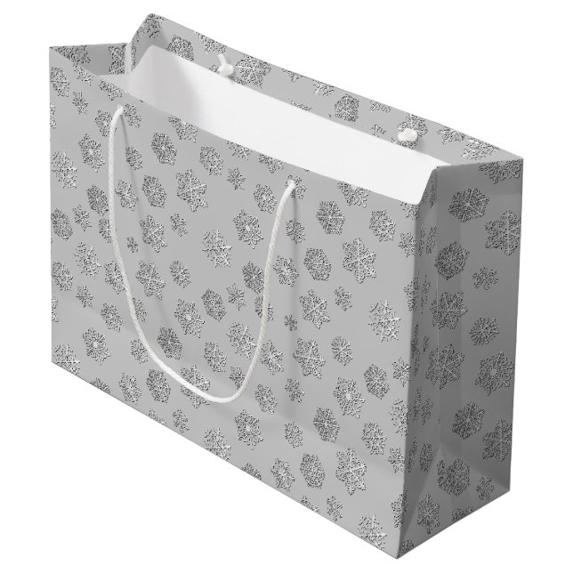 Silber 3-D Schneeflocken auf silberem Hintergrund Große Geschenktüte (Vorderseite Schrägansicht)