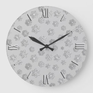 Silber 3-D Schneeflocken auf silberem Hintergrund Große Wanduhr