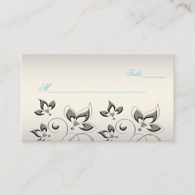 Silber-, Aqua- und Black Floral Placecards Platzkarte (Vorderseite)