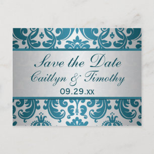 Silber, Aquamarine Damaske Save the Date Karte