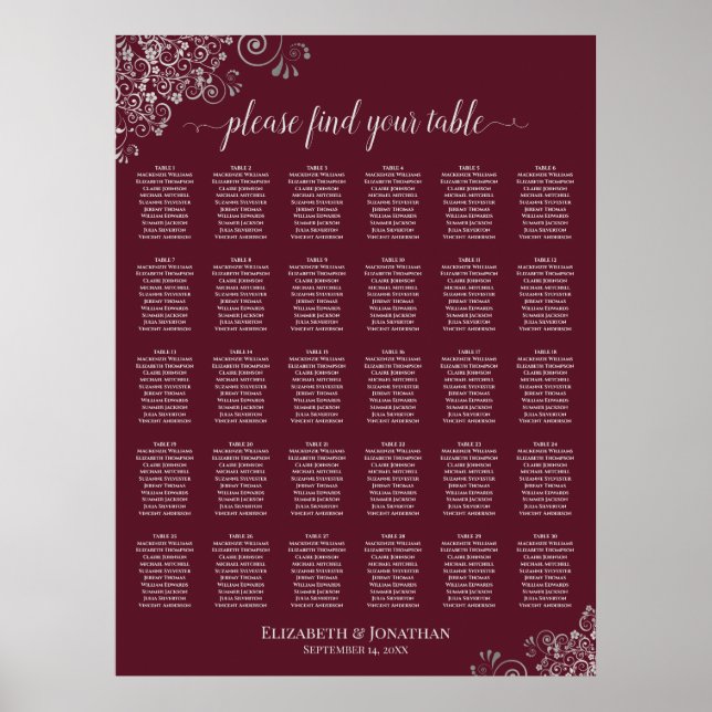 Silber auf Burgunder 30-Tisch-Hochzeits-Sitzplan Poster (Vorne)