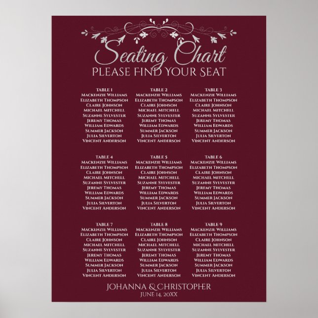 Silber auf Burgundy 9 Tabelle Hochzeitstabelle Poster (Vorne)