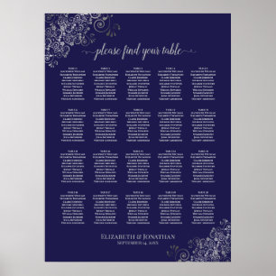 Silber auf Navy Blue 20 Table Wedding Seating Char Poster