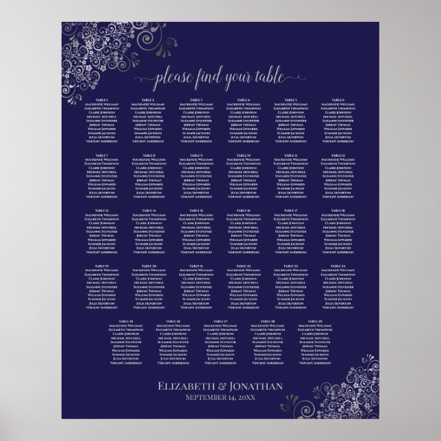 Silber auf Navy Blue 29 Table Wedding Seating Char Poster (Vorne)