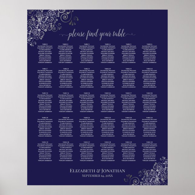 Silber auf Navy Blue 30 Table Wedding Seating Char Poster (Vorne)