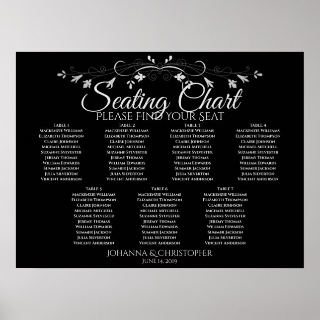 Silber auf Schwarz-Chic 7 Tabelle Hochzeitsdiagram Poster (Vorne)