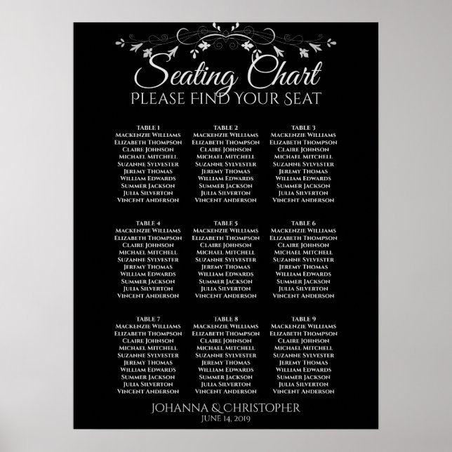 Silber auf schwarzen 9-Tisch-Hochzeitskarte Poster (Vorne)