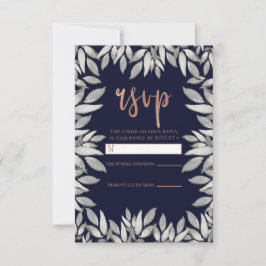 Silber Blätter Botanisches Glam Blau Pink Reply UA RSVP Karte