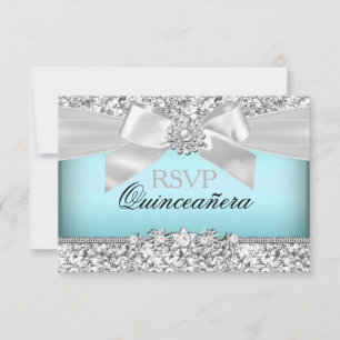 Silber Blau Glitter & Juwel Bogen Quinceanera RSVP Karte