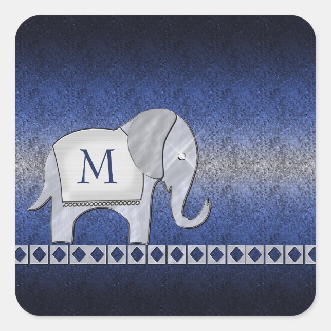 Silber/Blau-ID390 für Elephant Walk Monogram Quadratischer Aufkleber (Vorderseite)