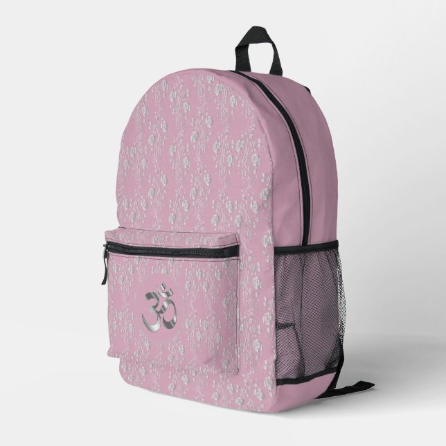 Silber-Blume auf rosa OM-Symbol Bedruckter Rucksack (Rückseitige Ecke Rechts)