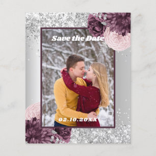 Silber-bordeaux Blumenfoto Save the Date Hochzeit Flyer