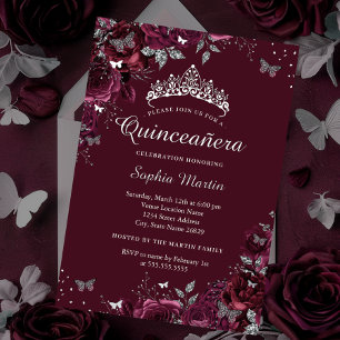 Silber-Burgunder-Blüten-Quinceanera Folieneinladung