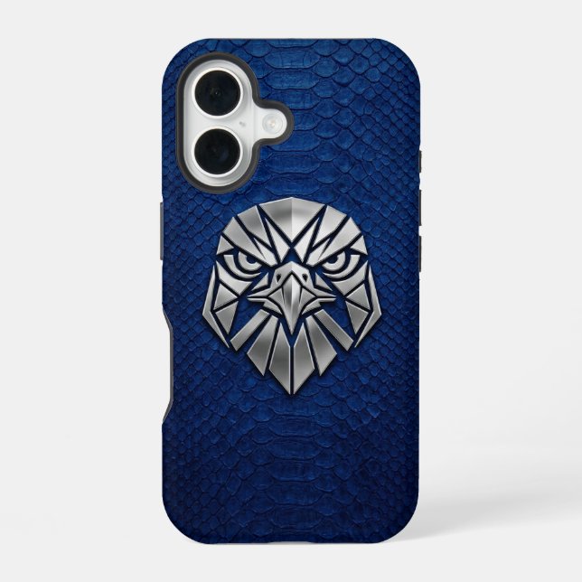 Silber-Chrom-Geometrischer Adlerkopf Blaues Python iPhone 16 Hülle (Rückseite)