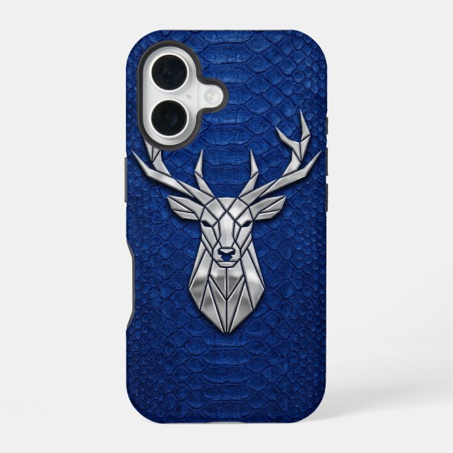 Silber Chrome Geometrischer Hirsch Blau Python iPh iPhone 16 Hülle (Rückseite)