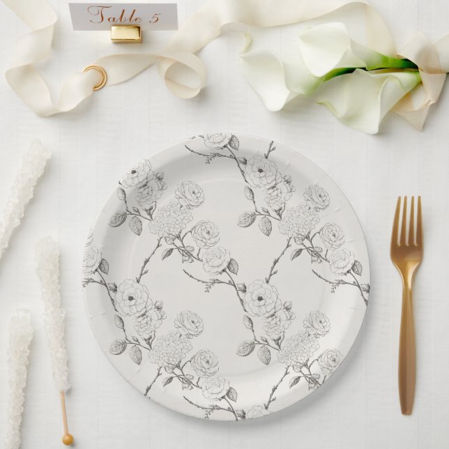 Silber Creme Schwarze Herbstblumen Hochzeit  Pappteller (Hochzeit)