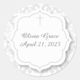 Silber Damask mit Tag und Kreuz Runder Aufkleber