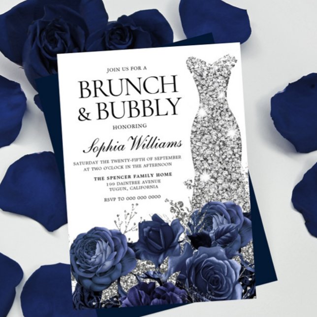 Silber Dress Navy Brunch & Bubbly Brautparty Einladung (Von Creator hochgeladen)