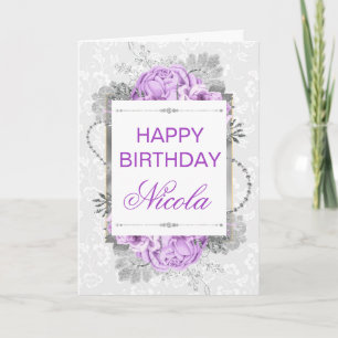 Silber & Flieder Lila Blumen & Glitter Geburtstag Karte