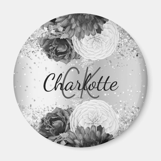 Silber florale elegante Monogramm-Bezeichnung Magnet (Vorne)