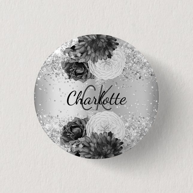 Silber floriert elegante Namensmarke Button (Vorderseite)