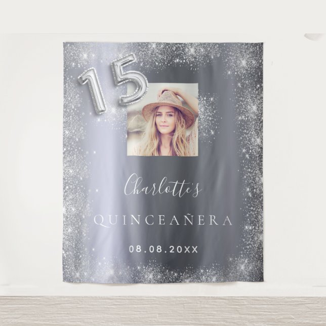Silber-Foto-Glitzer von Quinceanera Wandteppich (Vorderseite)
