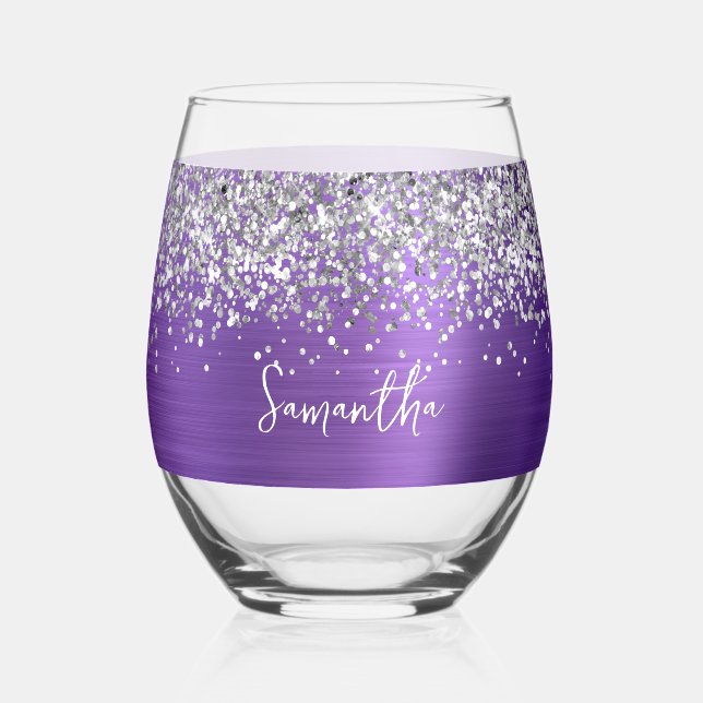 Silber Glitter Amethyst Glam Name Weinglas Ohne Stiel (Vorderseite)
