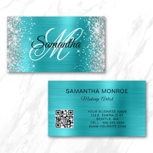 Silber Glitter Aqua Blau Folie Monogramm QR-Code Visitenkarte