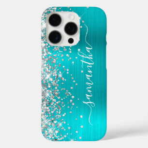 Silber Glitter Aqua Blau Metallic Girly Signature iPhone 16 Pro Hülle