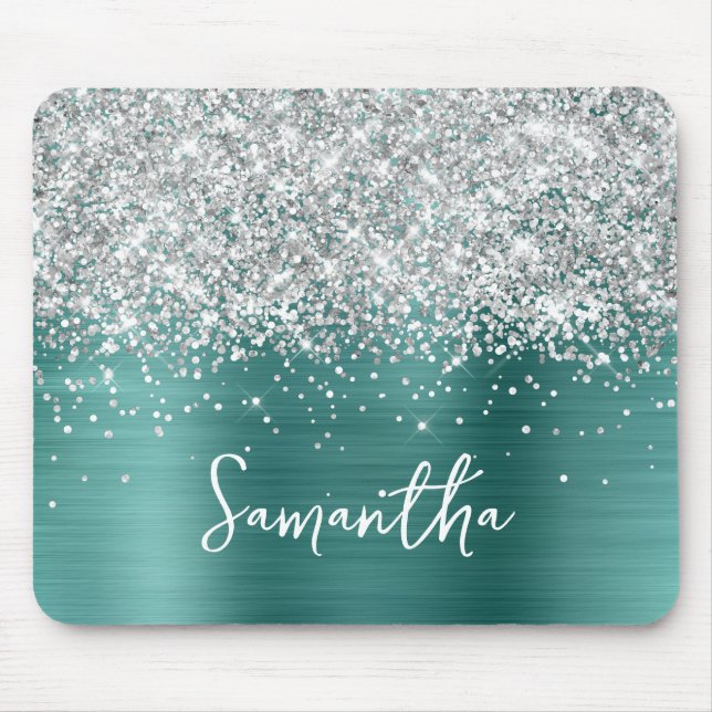 Silber Glitter Aqua Teal Glam Name Mousepad (Vorne)