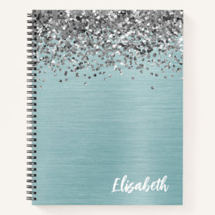 Silber Glitter Aqua Türkis Gebürstetes Metall Mono Notizbuch
