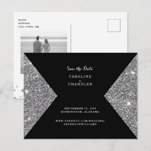 Silber Glitter Bild & Schwarze Foto Save The Date Ankündigungspostkarte