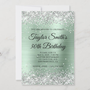 Silber Glitter Blass Mint Monogramm 30. Geburtstag Einladung