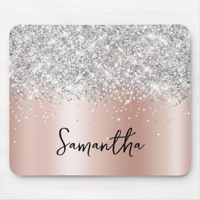 Silber Glitter Blass Rosa Gold Schimmer Name Mousepad (Vorne)
