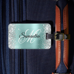 Silber Glitter Blass Türkis Folie Fancy Monogramm Gepäckanhänger